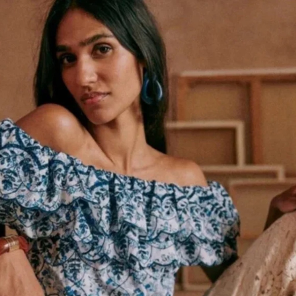 Sezane Blue and White Floral Top